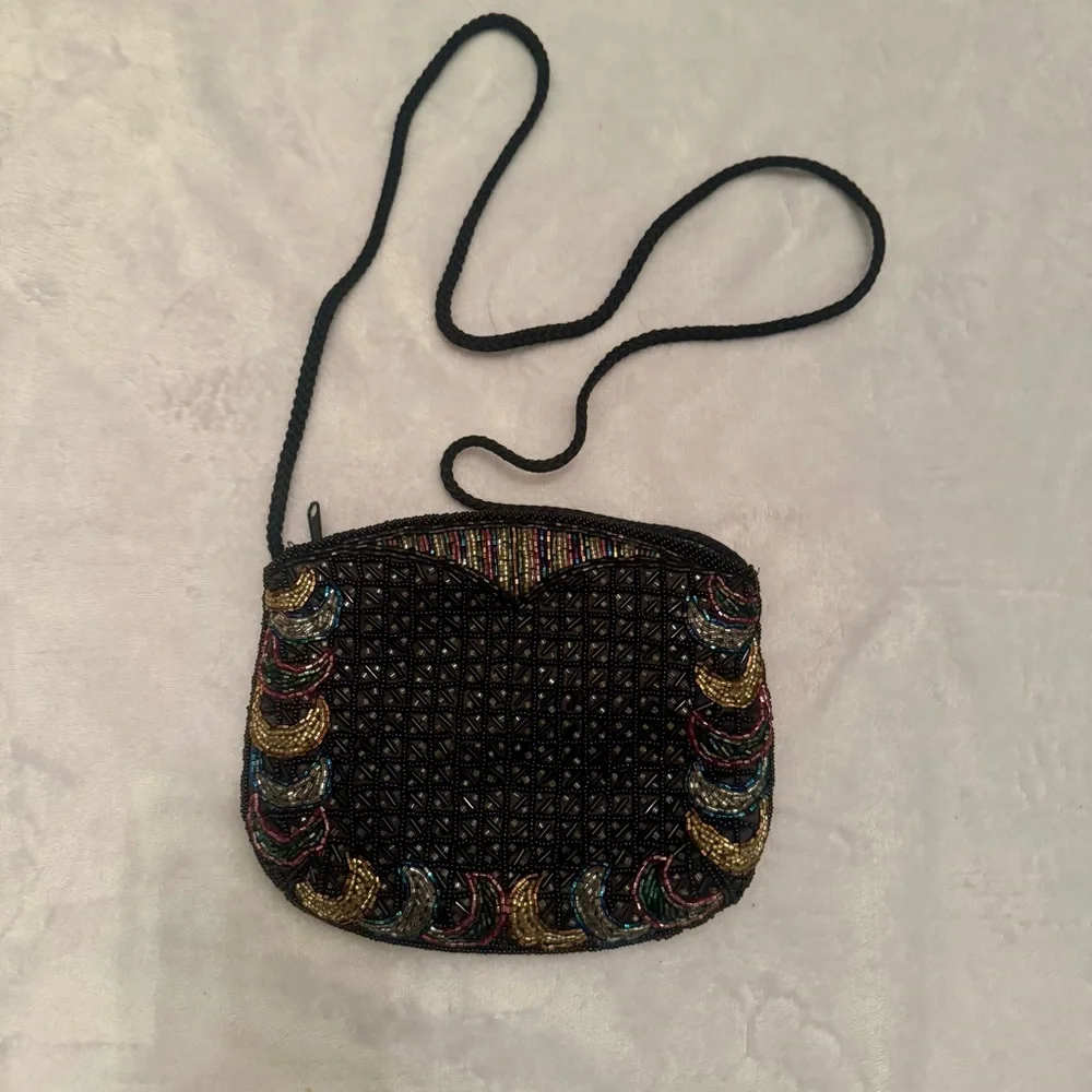 Vintage Beaded Evening Bag Black Multicolor Crescent Lattice Purse Made in Macau